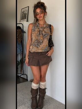 Vintage Y2K Leopard Print Animal Sheer Tie Front Top Sz S Chains